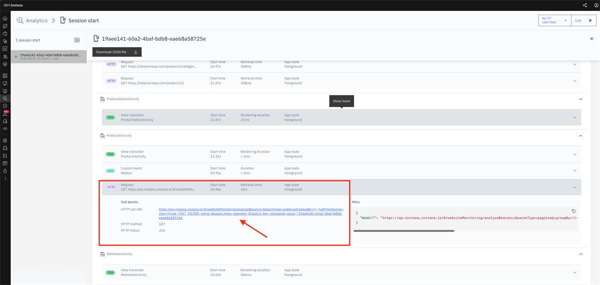 As you added a fake http call you can go to website details in a single click (opens a new tab)